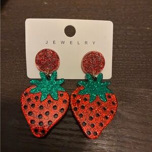 Glitter Strawberry Dangle Earrings - Red & Green